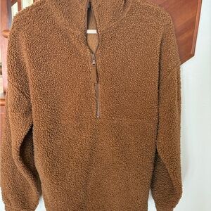 oversized Cozy Brown Women’s Fleece Three-quarter zip Sherpa jacket Sweater warm